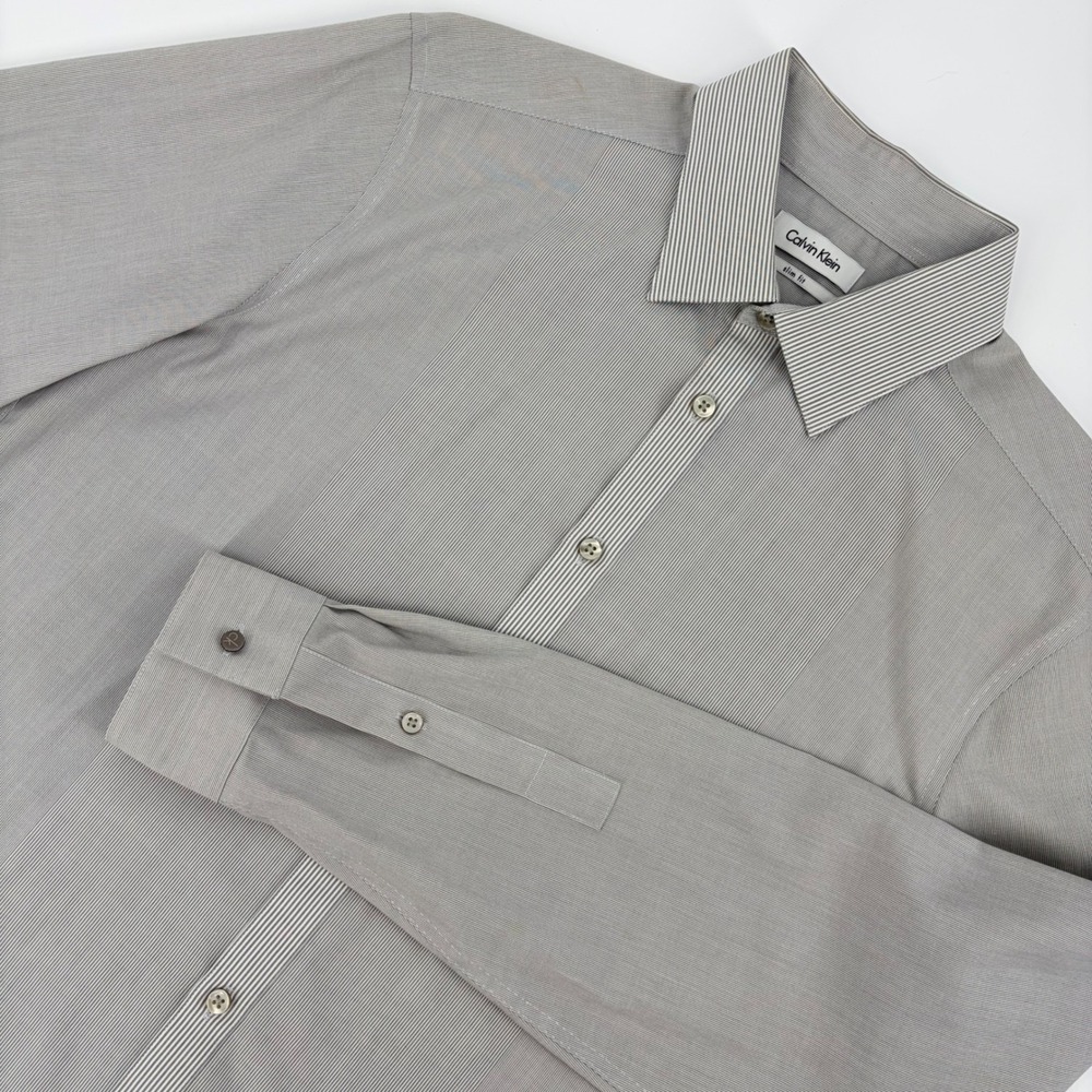 Calvin Klein Dress Shirt Mens 15.5 34/35 Grey Striped Slim Professional Preppy